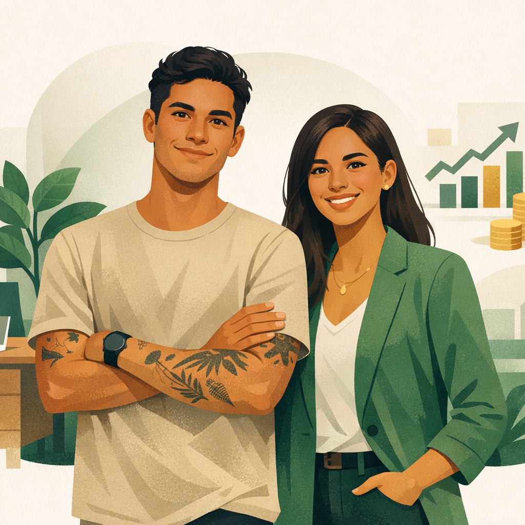 Ilustração de casal jovem em ambiente corporativo representando oportunidades na BV Garantia